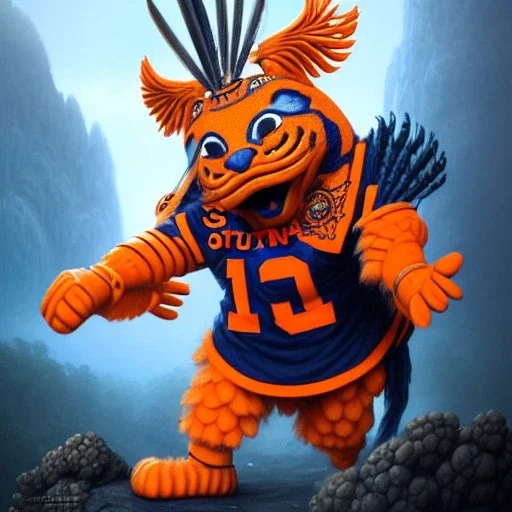 Otto the orange syracuse mascot as a fierce warrior in full navy blue and orange battle armor, a highly detailed illustration, background of Inka jungle, realistic render, 8 k, micro detail, intricate, elegant, centered, digital painting, Artstation, smooth, sharp focus, illustration, artgerm, tomasz alen kopera, peter mohrbacher, donato giancola, joseph christian leyendecker, wlop, boris vallejo