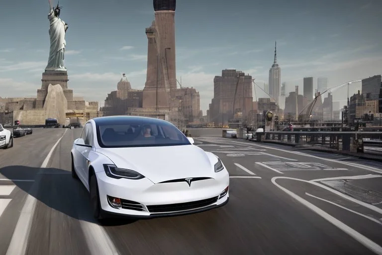 A Tesla 'Model S' is drifting at top speed, near the 'Statue of Liberty' in New York. CINEMATIC. WIDE ANGLE LENS. PHOTO REAL.