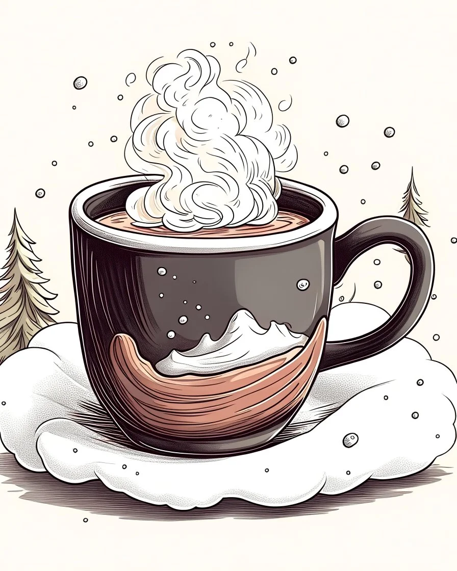 A steaming cup of hot cocoa on a snowy winter day, depicted in a cozy and whimsical illustration.