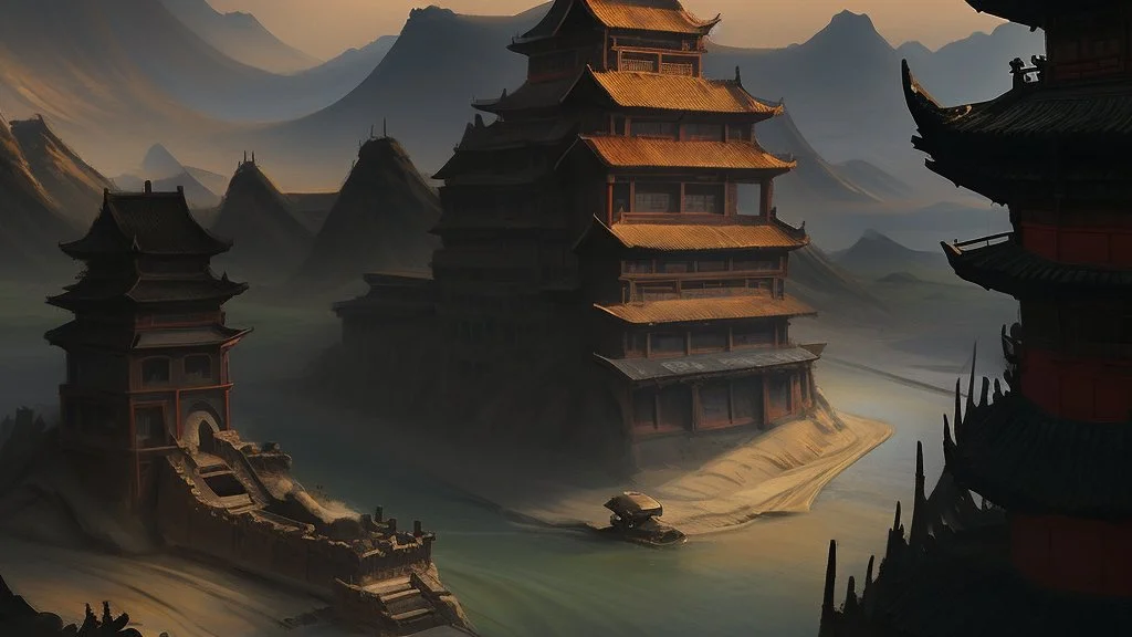 ancient, fantasy, chinese town, dune, crater, sand strom, destroyed chinese houses