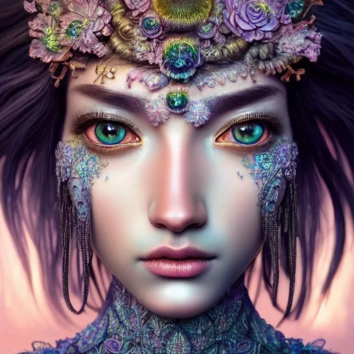 Insanely detailed photograph of an elaborate beautiful crystal goddess intricate glowing skin eyes intricate face hair lashes fur dress hyperdetailed painting by Anna Dittmann Huang Guangjian and Dan Witz CGSociety ZBrush Central fantasy art album cover art 4K 64 megapixels 8K resolution HDR Greek shiny space colours jewelry celestial hair eyes light"