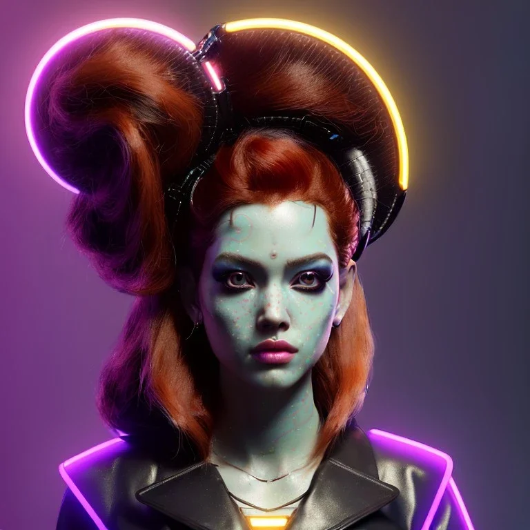 Pretty cyber woman, punk red hair, sci-fi, rounded face, black, gold, brown, geisha style, simetric, neon style, a lot of led lights, fog, rain, leather coat, vibrant color, highly detailed, art stations, concept art, smooth, unreal engine 5, god rays, ray tracing, RTX, lumen lighting, ultra detail, volumetric lighting, 3d, finely drawn, high definition, high resolution.