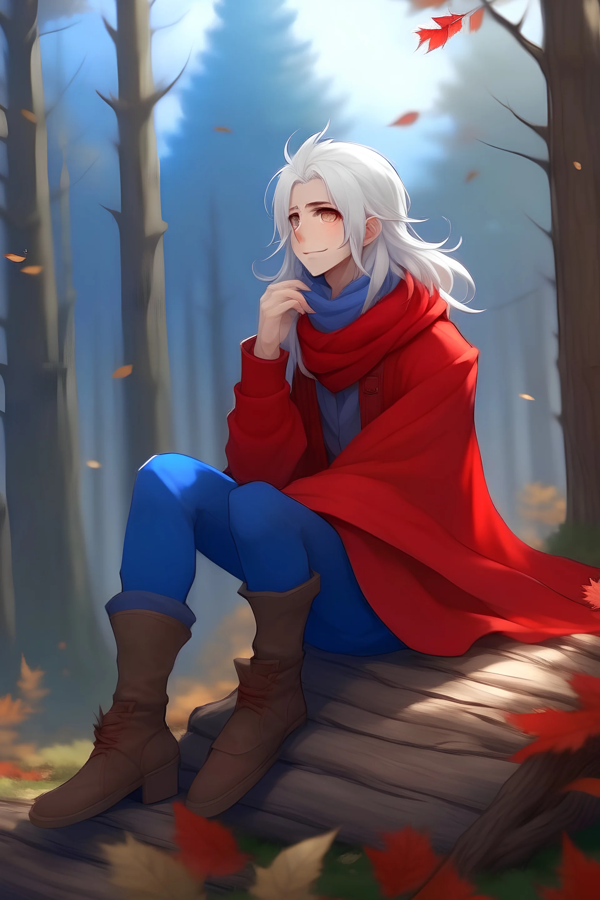 young anime man , with blue eyes, long white hair wearing, and a red knitted scarf around his neck. sitting on a stump in a foggy evergreen forest