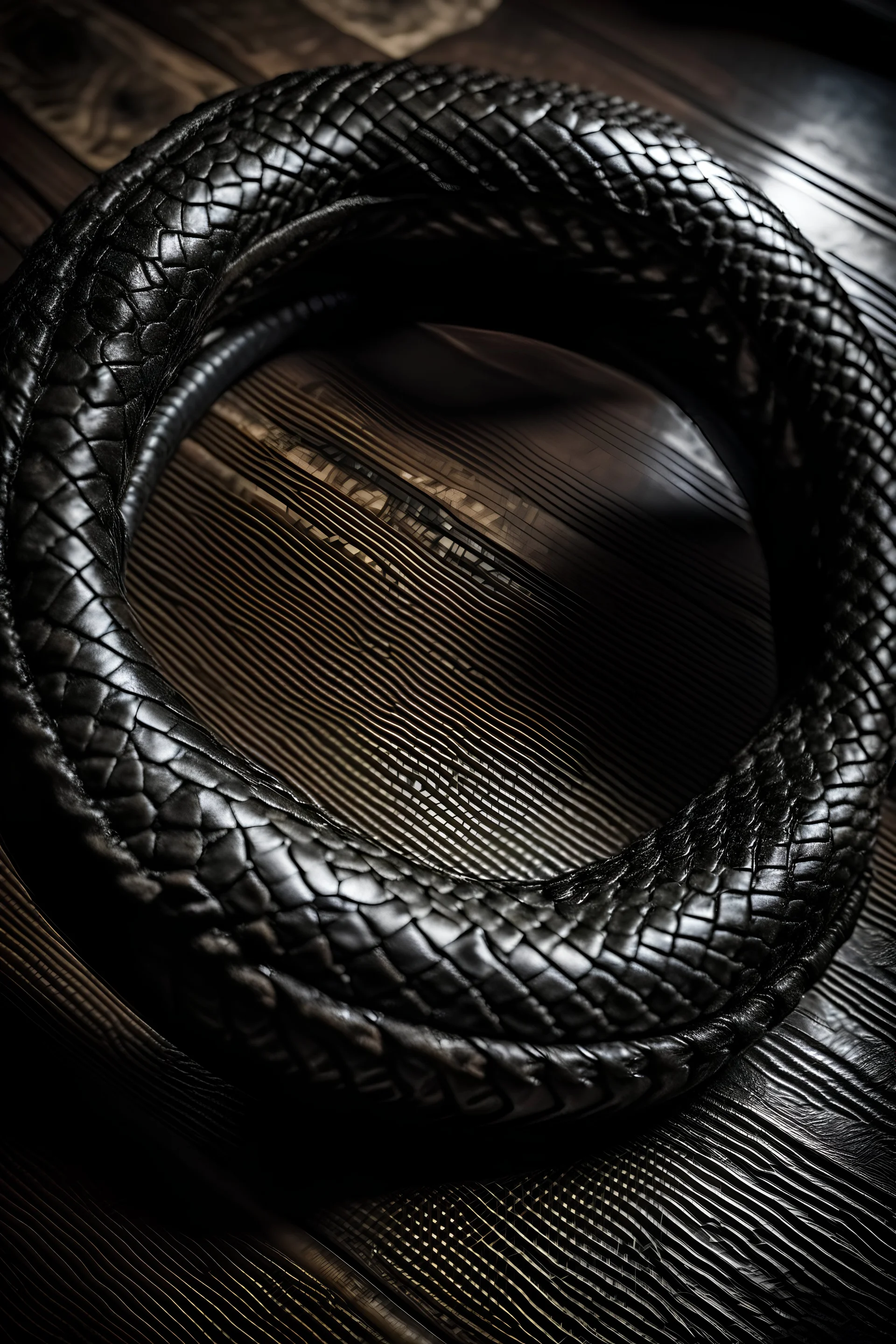 ouroboros made of black ink, leather background covering the whole image