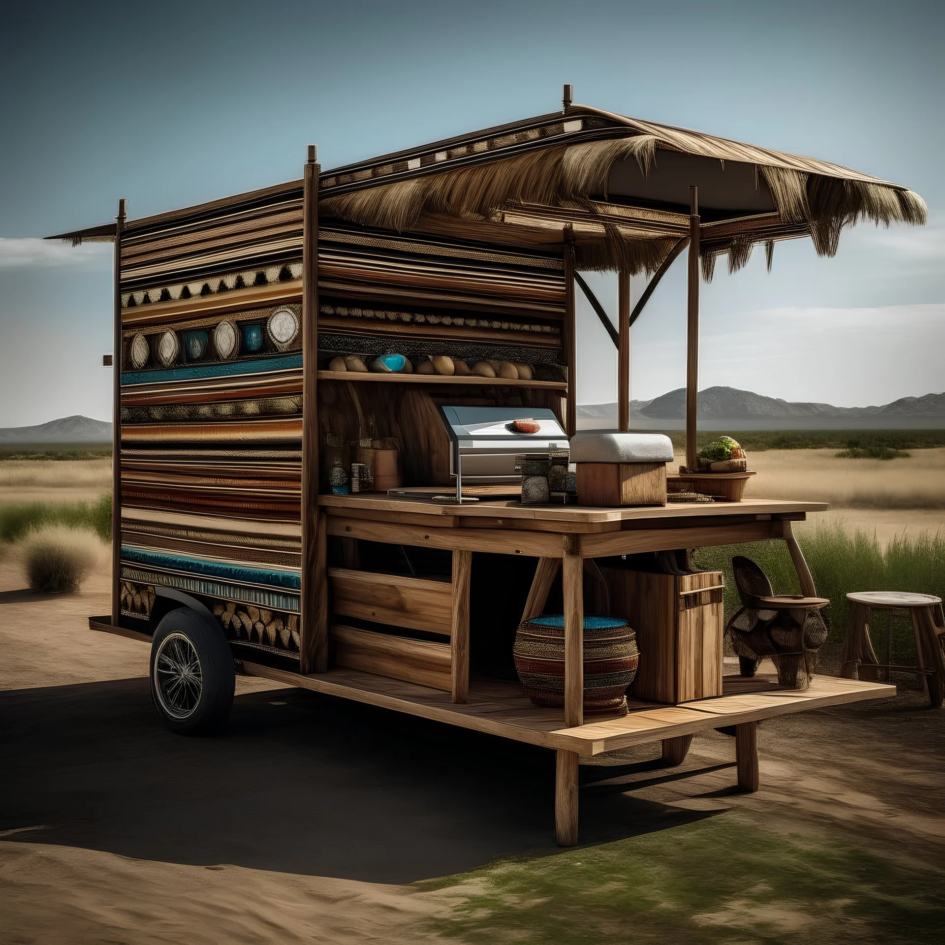 Influence from the wandering tribes outside the city. Mobile, modular furniture for those on the move. Sustainable materials and solar-powered devices. Cultural artifacts, textiles, and art that tell stories of the open road.