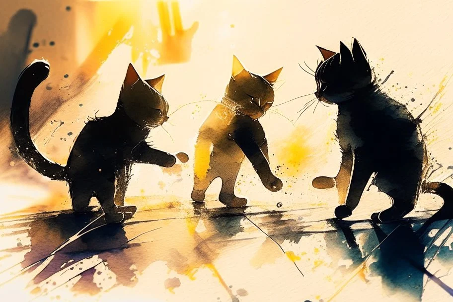 cats playing activity, melting watercolor and black ink outlines on wet paper, soft, shading strokes, in sunshine, ethereal, otherwordly, cinematic postprocessing, bokeh, dof