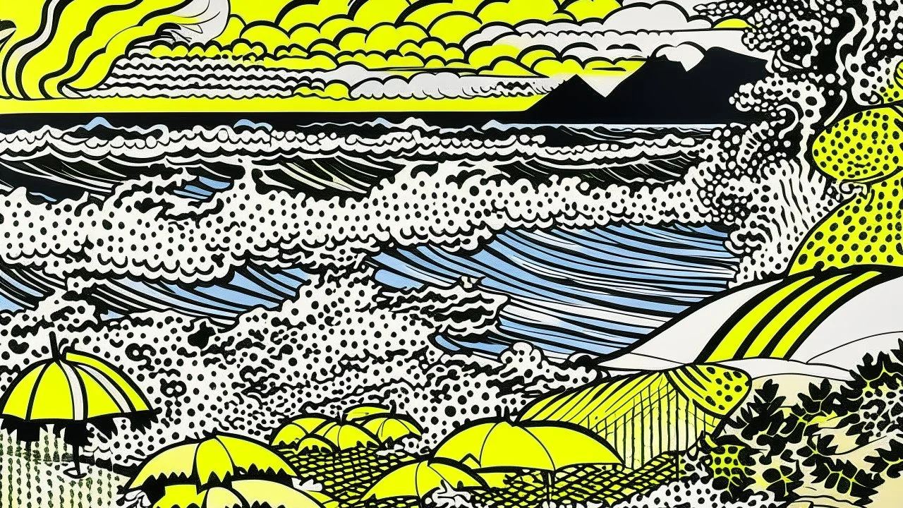 A yellow coastal beach in a thunderstorm designed in Javanese shadow puppets painted by Roy Lichtenstein