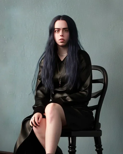 Billie Eilish, sitting on a chair, Black Short Dress, high detail, realistic