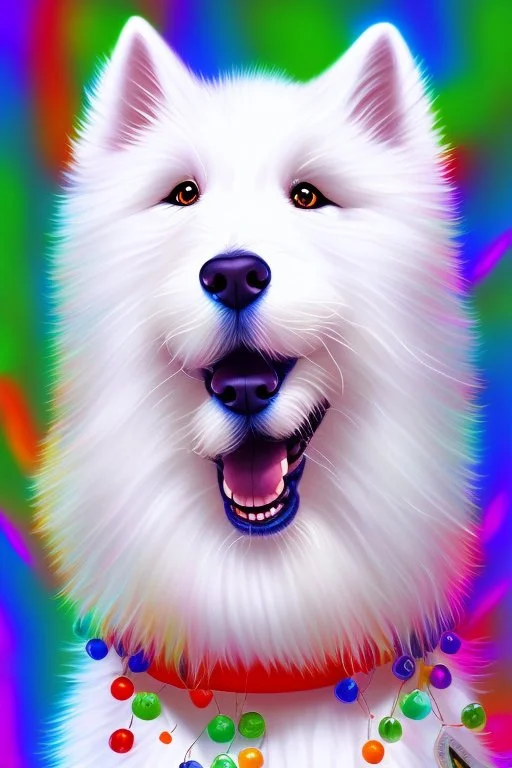 Cute, fluffy, happy looking white Samoyed dog, colorful, festive atmosphere, detailed, congratulating