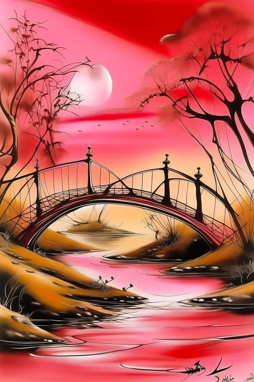 A pink mystical bridge painted by Salvador Dali