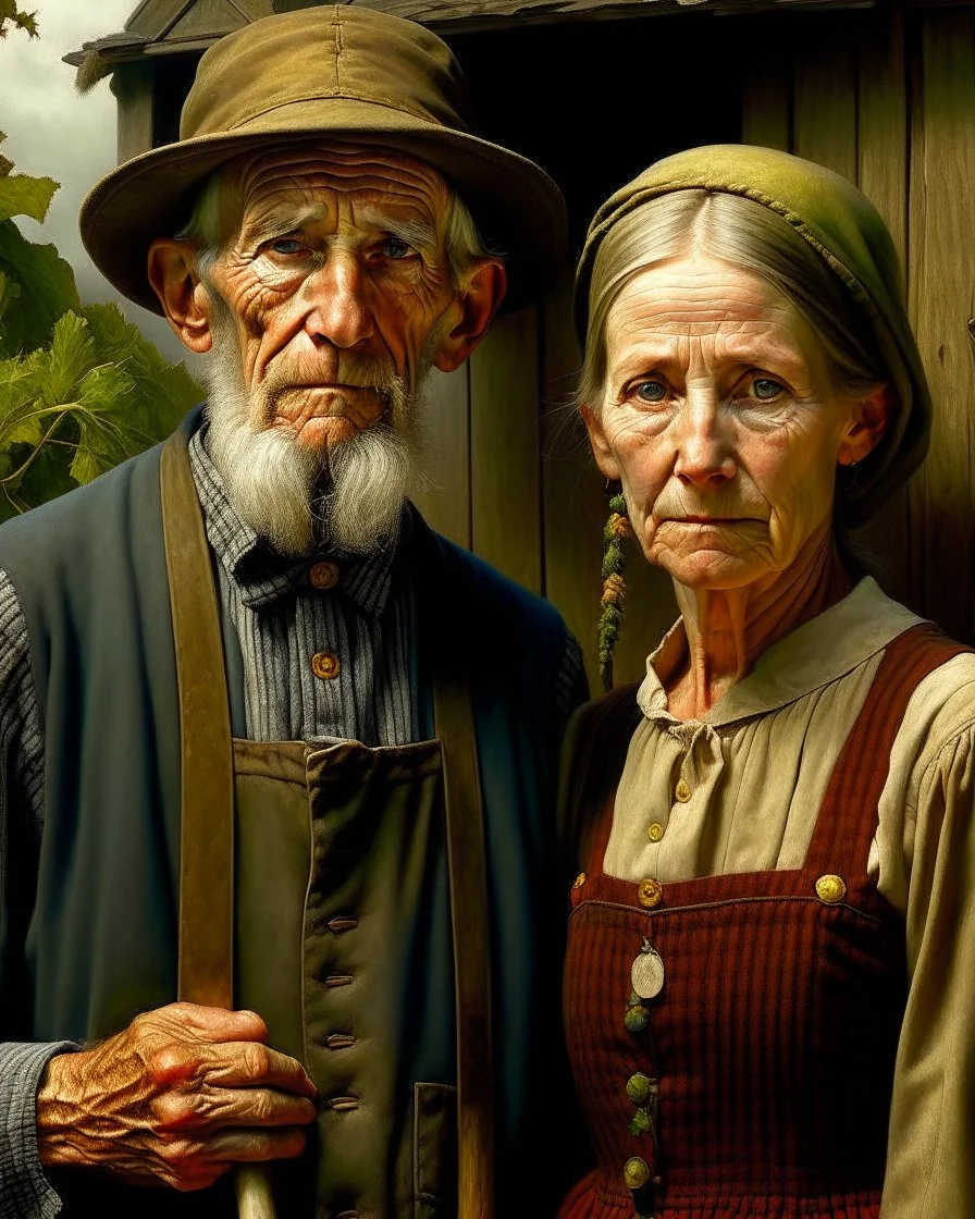 Color Portrait of an old Appalachian farmer couple early 1900s, beautiful painting with highly detailed face by greg rutkowski, Lee Jeffries, magali villanueve Modifiers: extremely detailed oil on canvas photorealistic New Age: American Gothic An elderly couple in vintage farm attire stand before a barn, the woman holding a basket of fruit and the man clutching a pitchfork.