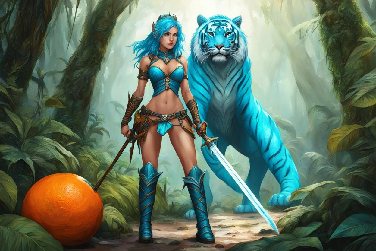 [humid jungle forest] thin nudist cyan female alien medieval ranger with fabric boots and corset, armed by a broad sword, she walks on the side of a giant orange tiger