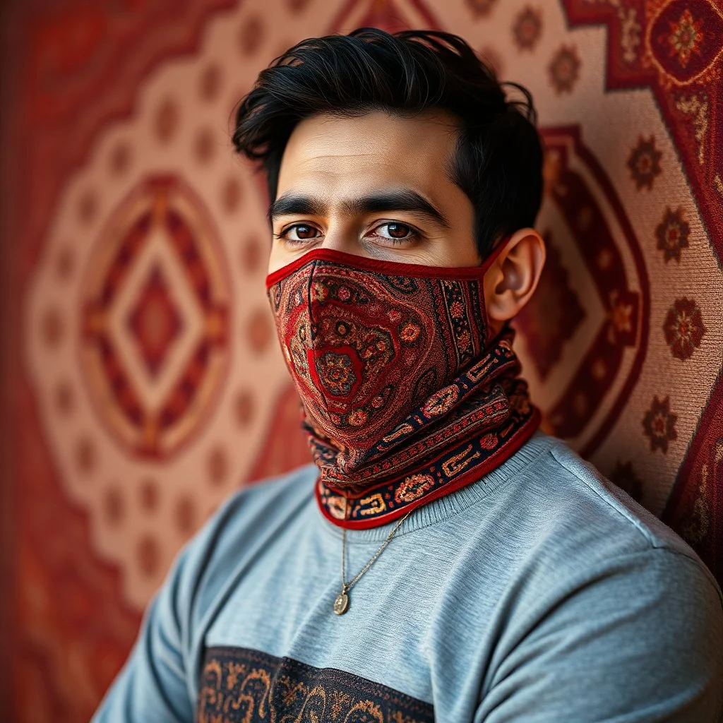 men ,modernism ,Full face mask. Made of carpet. With symbols of Iranian carpets and Iranian culture. Modeling photo using red colors.