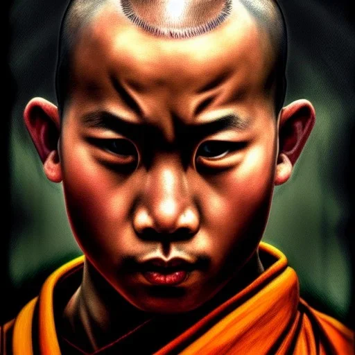 Portrait d'un jeune moine Shaolin, sombre, réaliste, très détaillé.