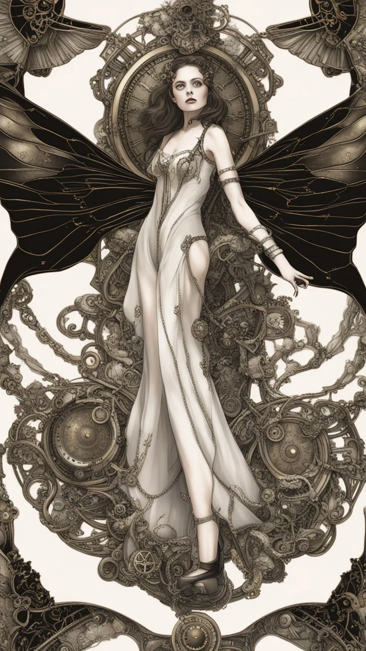 full length, steampunk delicate metal woman, moth, wings, black background