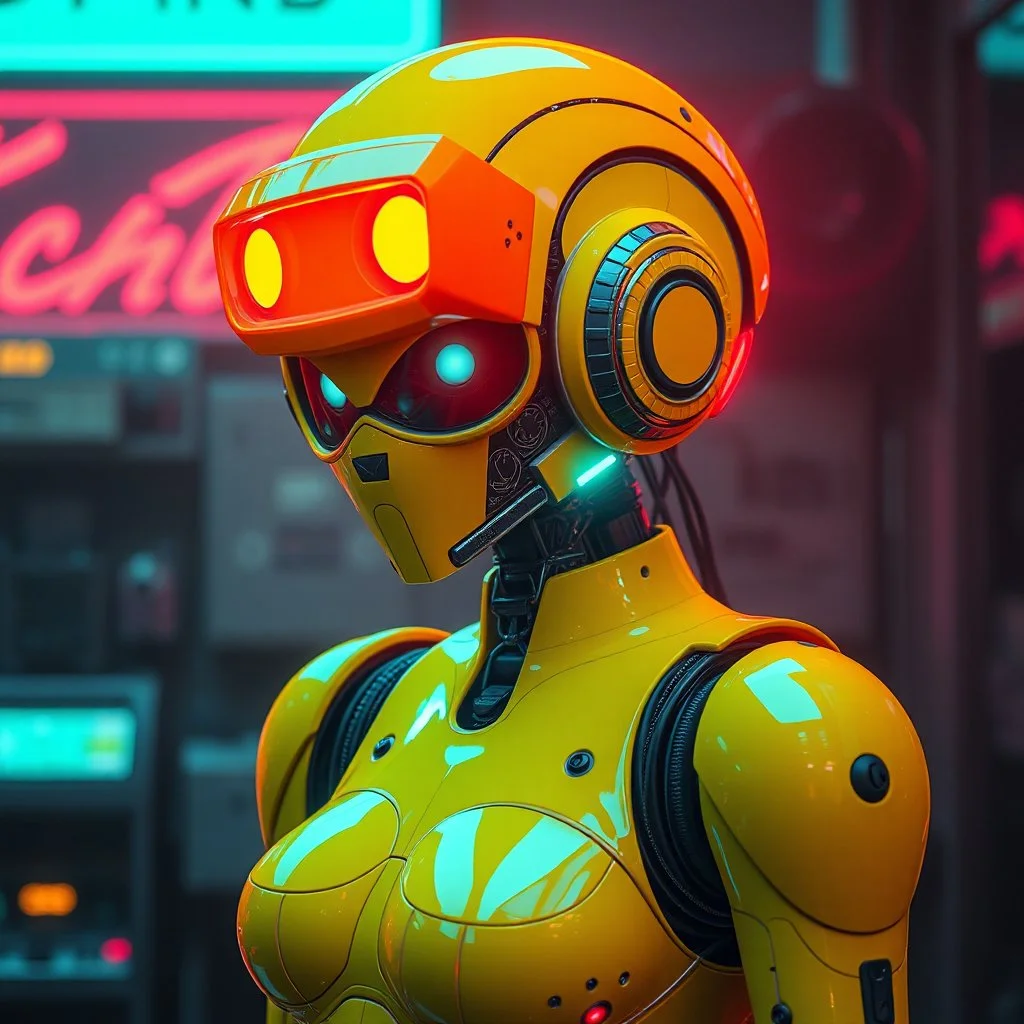 a feminine robot, yellow, dystopia, cyberpunk, neon vintage anime