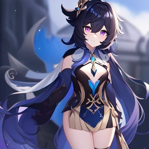 Clear focus,High resolution, Black long fluffy hair, and purple eyes, wearing a Genshin Impact Inspired Outfit,Detailed Clothes,A medium revealing, must wear a short skirt,