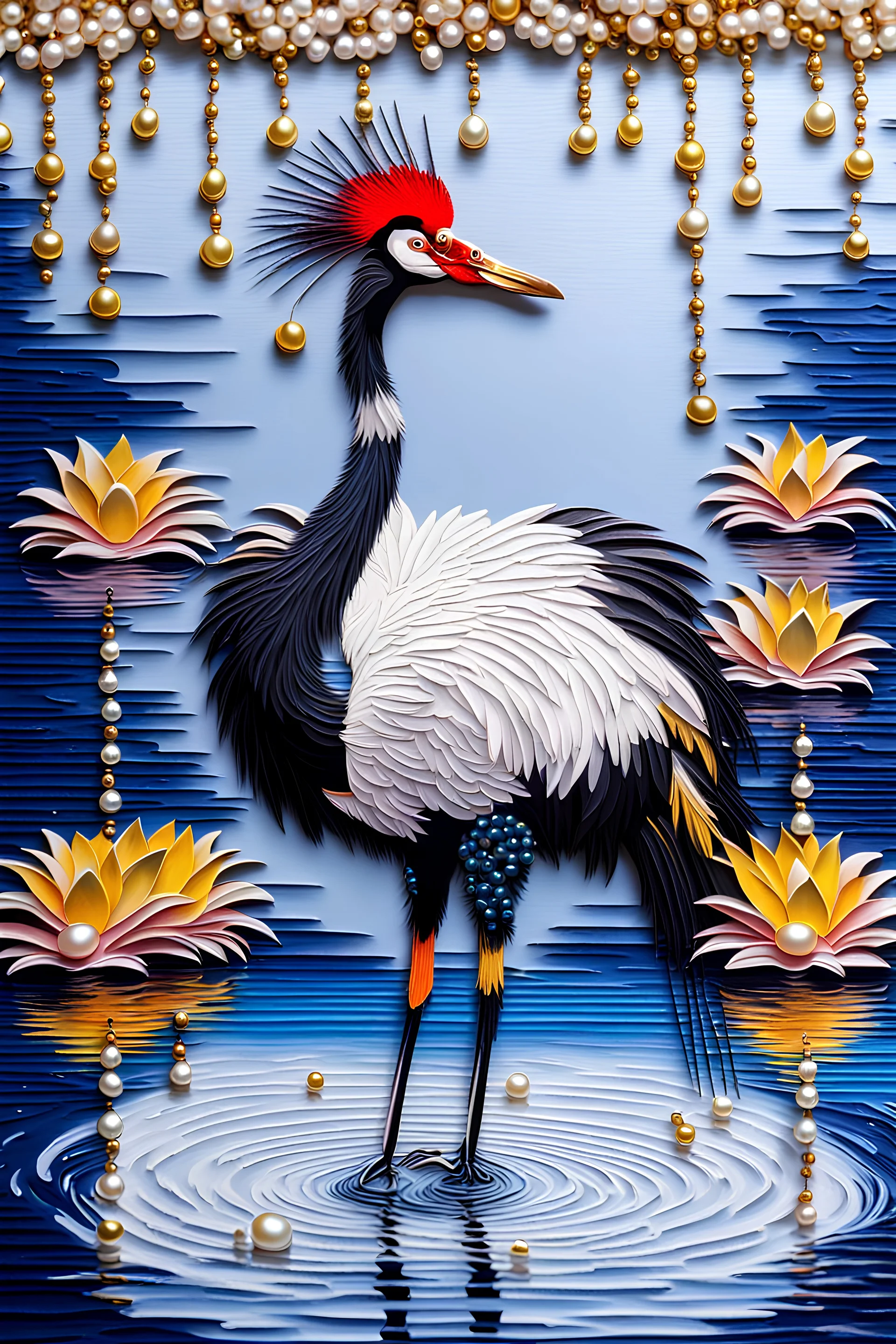 vibrant 3d crowned crane standing in water with pearls and small bead 4d art come to life, against impasto background