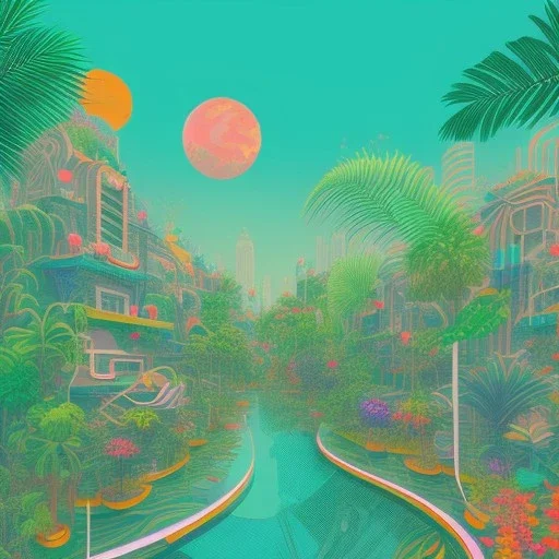 tropical city, latino, plants, streets, risograph, flat design, 2 colors