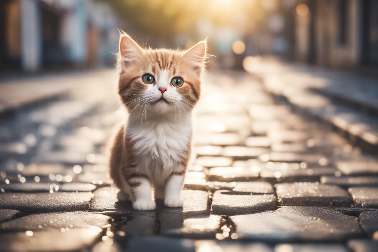 cute happy chibi cat standing on a wet cobblestone road in sunshine, ethereal, cinematic postprocessing, bokeh, dof