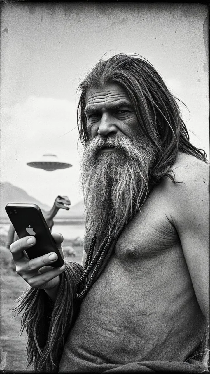 An old picture style of black and white mono very bad quality looks very old camera picture with cracks of a Neanderthal man with long dirty hair and beard wearing an animal skin cloths holding an IPhone the year 1900 Time Machine in the background from a distance dinosaurs and a landed ufo machine