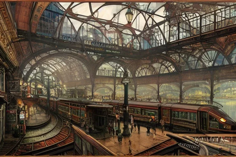  Interior Train station divided by river+Colourful city+old lamp+Bar and garden on High Bridges across Skyscraper river+canals+Gothic village+European Metropolis on sea+naples alley+Torino square+trieste canals+victorian London+decòpunk Skyscraper+ +steampunk+biopunk+alphonse mucha, greg rutkowski, matte painting, cryengine, hyper detailed, felix kelly, fantasy art, seb mckinnon