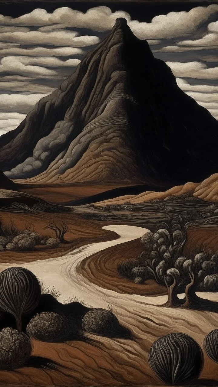 A dark brown prehistoric dry mountain with tar pits painted by Diego Rivera