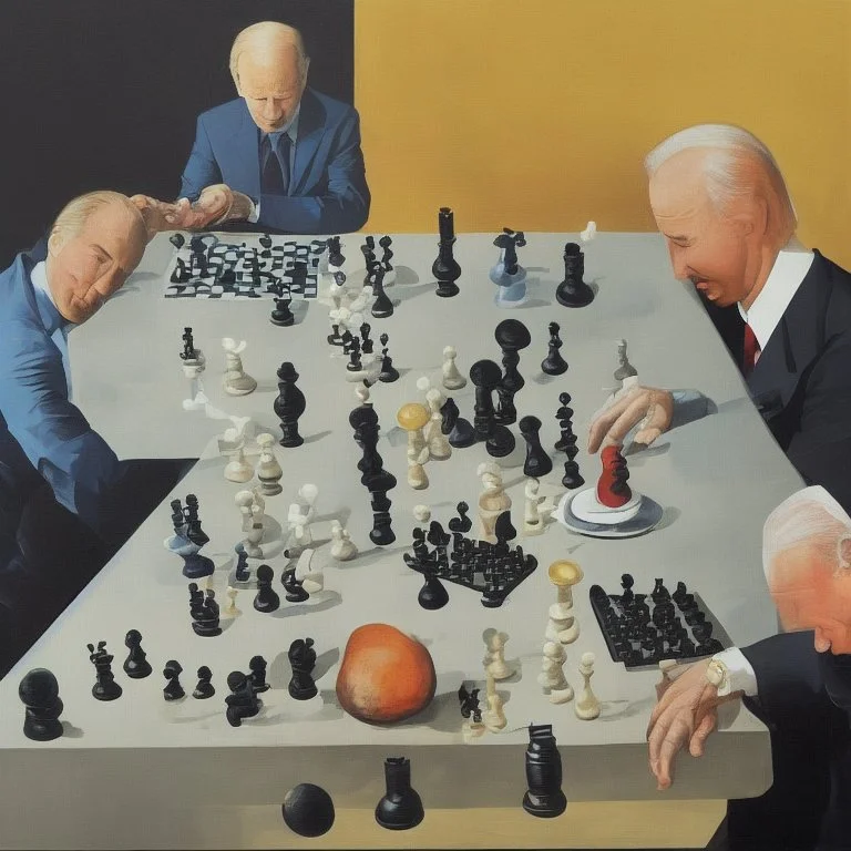 Putin, President Xi Of China And Joe Biden Play Chess With A Pigeon,Ufo And Atomic Bomb Mushroom Cloud,Complex Surgical Instruments Intermixed With A Newborn Boy,Minimalism,Painting By Adrian Ghenie,Rene Magritte,Pablo Picasso,Michelangelo,Salvador Dali,Lucian Freud