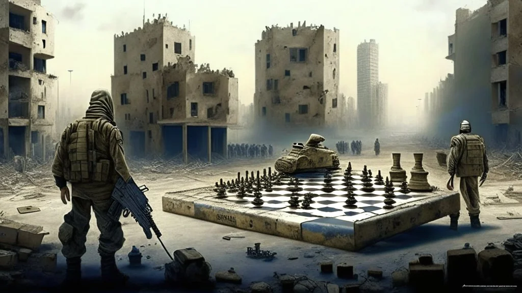 Israeli soldiers and tanks stand on a very large chessboard in the middle of a destroyed city