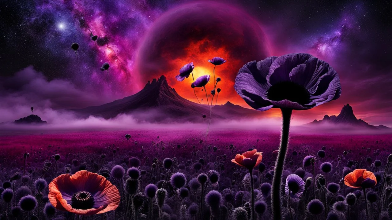 black poppy seed , purple poppy flower in the bloody sunset, on alien land, weird, surreal, complementer colors, fog, shadows, dead world, high detailed, far above on the dark sky is nebula, weird, surreal style, splash art