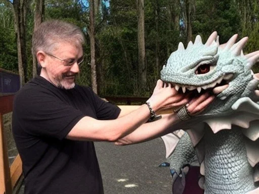 A man petting the cute dragon, linearr