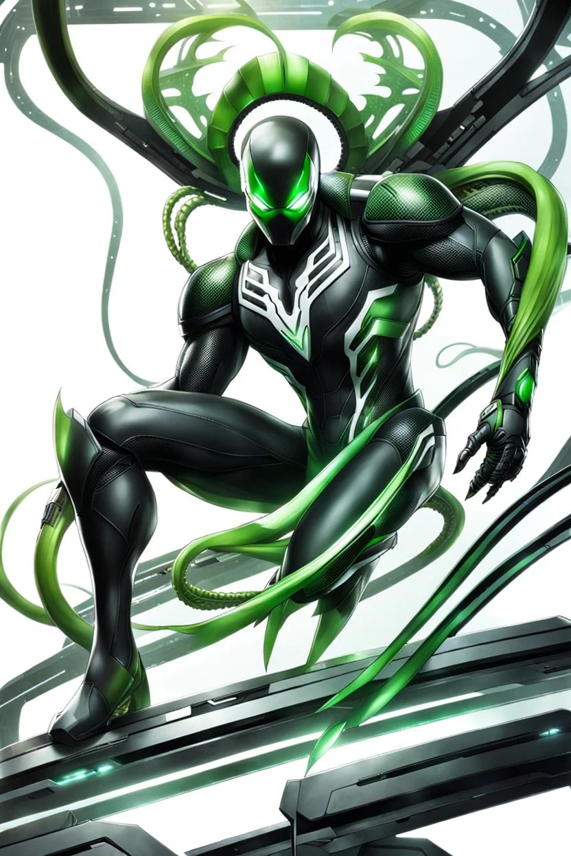 Cyborg symbiote, white color, green color, tendrils, high tech, cyberpunk, biopunk, membrane wings, carbon fiber, cyber tentacles, and the other two.