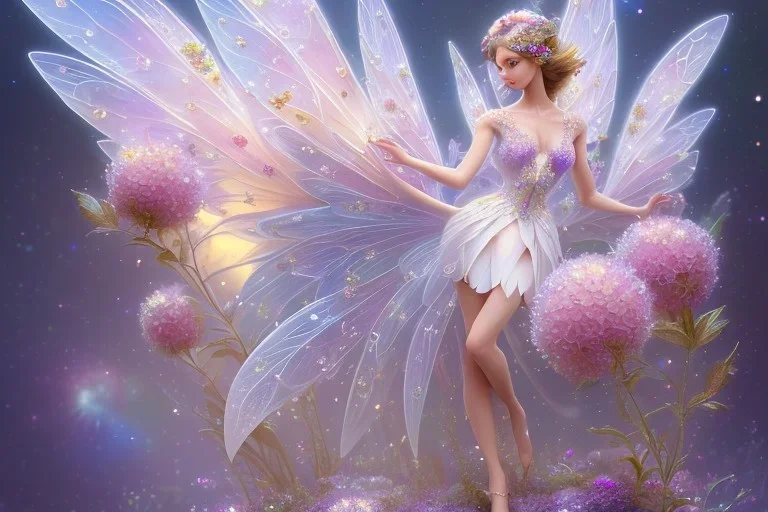 one very little beautiful fairy on a big crystal subtle flower in a galactic ambiance, transparent petals, delicate colors, in the foreground, full of details, smooth, bright sunshine，soft light atmosphere, light effect，vaporwave colorful, concept art, smooth, extremely sharp detail, finely tuned detail, ultra high definition, 8 k, unreal engine 5, ultra sharp focus