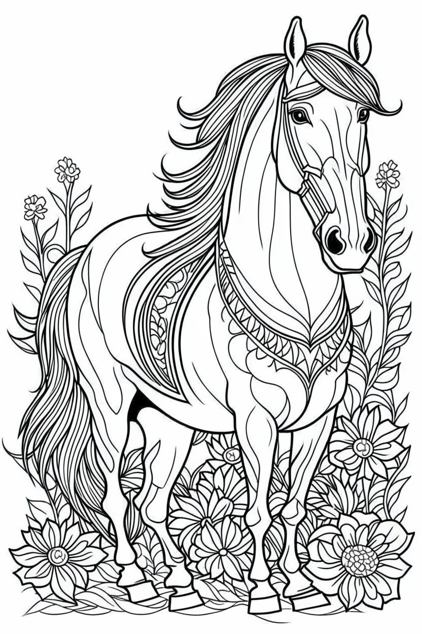 outline art for horse coloring pages with horse and flowers, white background, Sketch style, full body, only use outline, clean line art, white background, no shadows and clear and well outlined