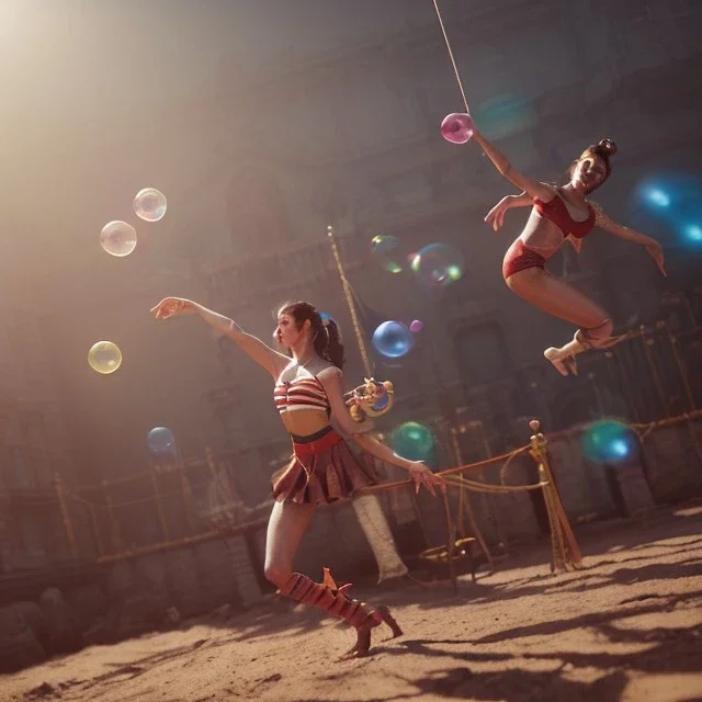 Ultra realistic circus scene. Classic acrobat woman, waist up view, Wes Anderson style, happy, bubbles, highly detailed, concept art, unreal engine 5, god rays, ray tracing, RTX, lumen lighting, ultra detail, volumetric lighting, 3d, finely drawn, high definition, high resolution.