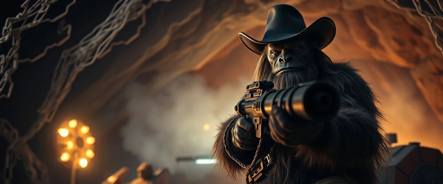 movie poster, portrait interview cowboy Abominable Yeti climbing outside space ship in cave holding huge mounted chain gun, motion blur, smoke and steam flashlights