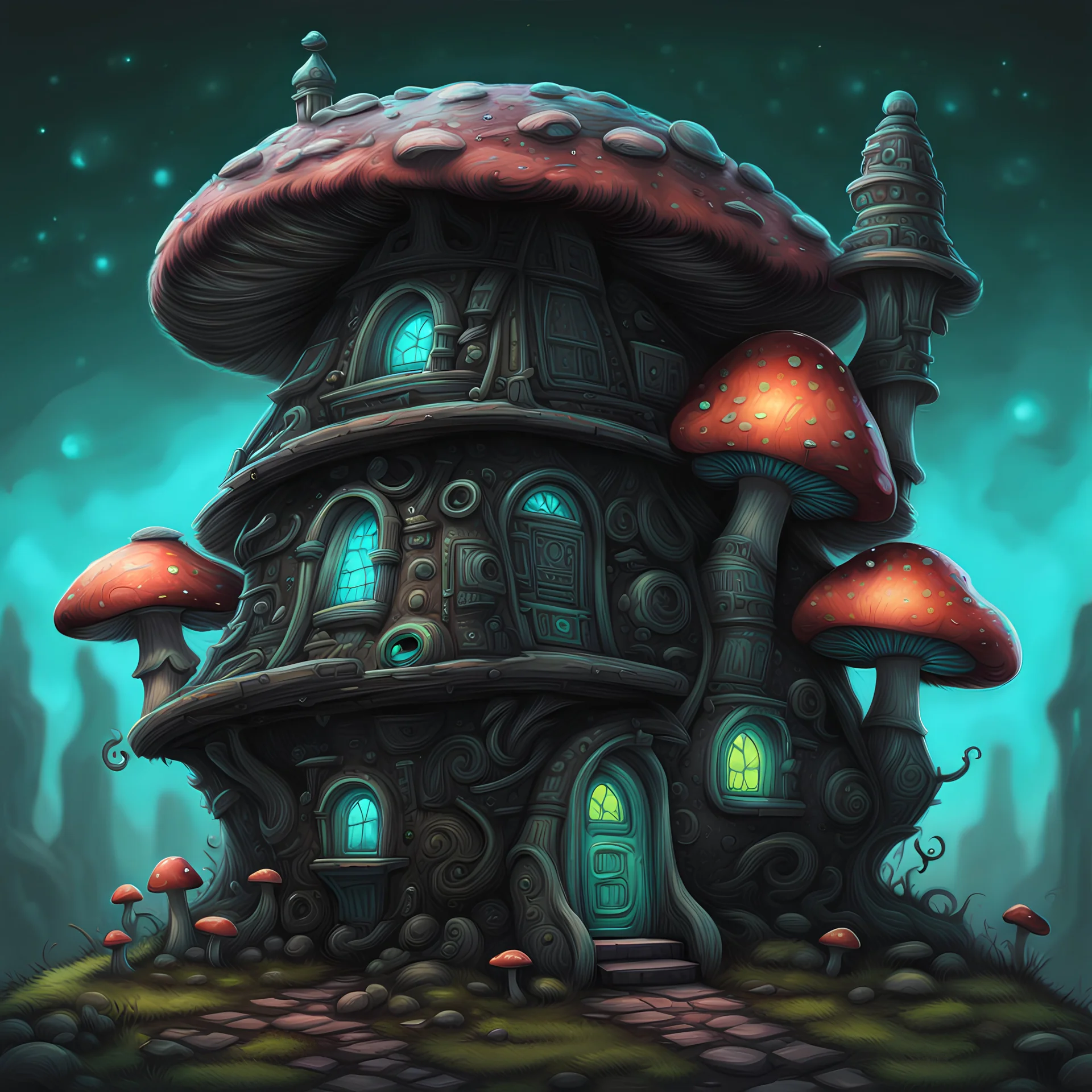 space island mushroom house. black lime and cyan colored. Detailed oil Painting, muted color, fantastical, intricate detail, splash screen, hyperdetailed, insane depth, concept art, 8k resolution, trending on artstation