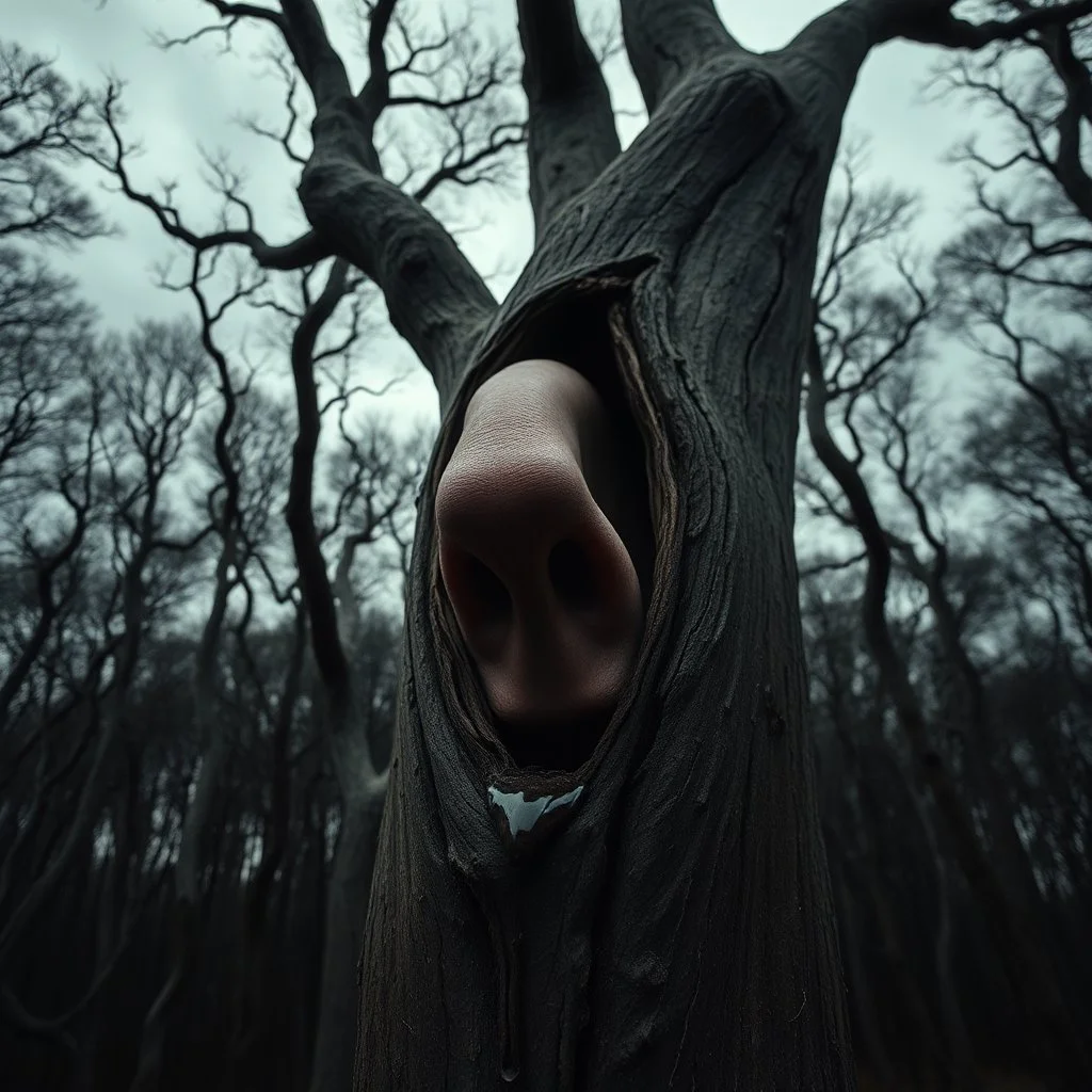 A dense, shadow-filled forest at twilight beneath a gloomy, overcast grey sky, the trees twisted and unnaturally shaped. Their bark slowly cracks open to reveal countless human nose peering out, blinking silently. Camera zooms in closely on a single, large nose embedded deeply into the trunk, fixating intensely on the viewer as thin veins pulse and dark fluid begins seeping gently down the bark.