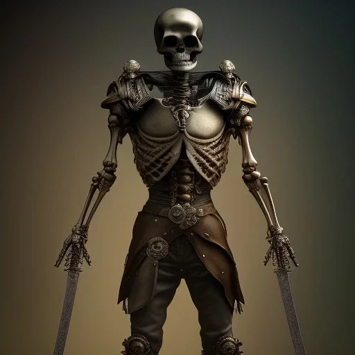 skeleton warrior holding a sword in his hands, steam punk, realistic, made in octane, cinematic, ultra-realistic, extremely detailed octane rendering, 8K, VRAY Super Real ar 2:3, dof photorealistic futuristic 50mm lens hard lighting dark gray tintype photograph, realistic lighting, sepia color