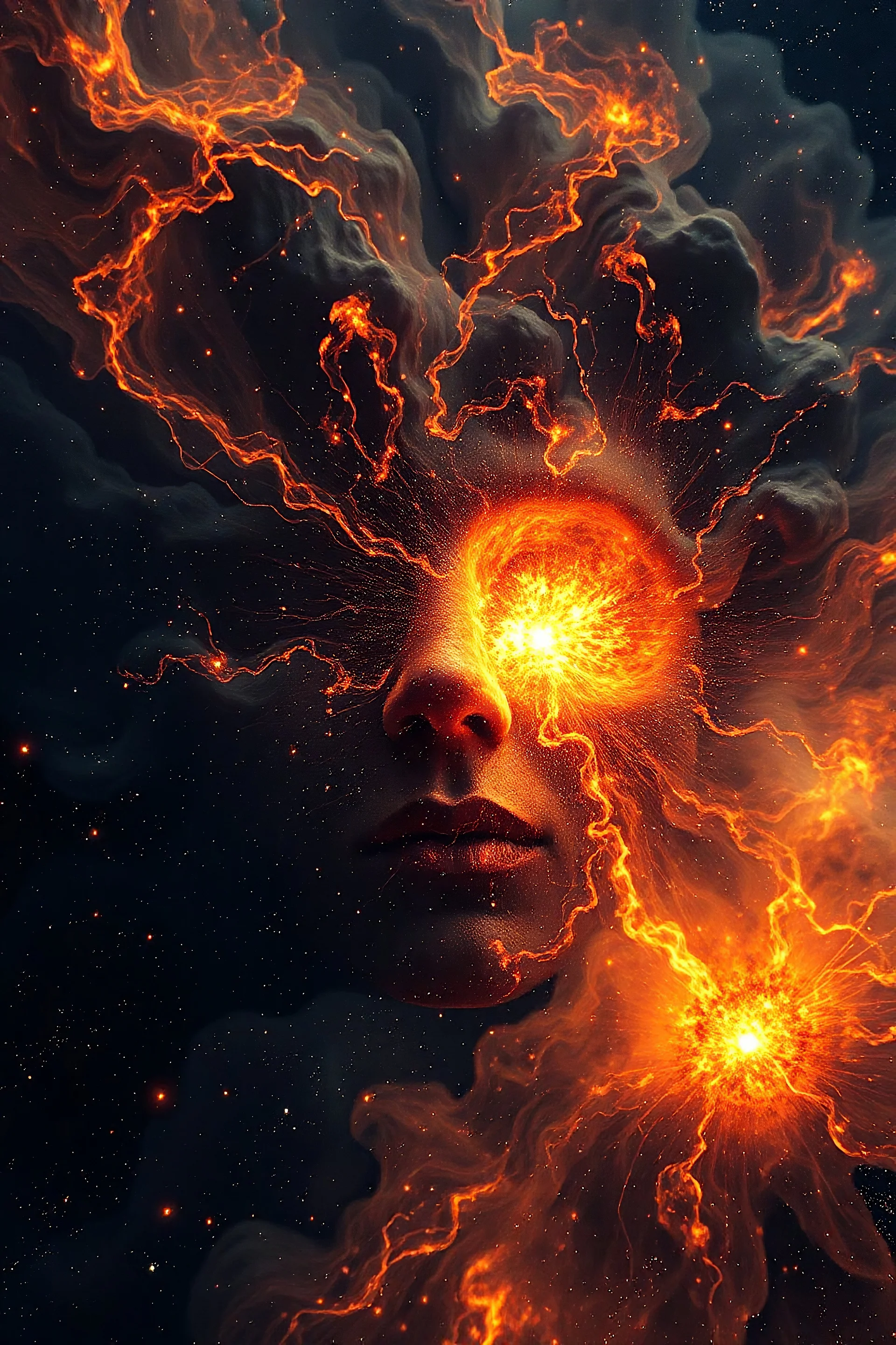 A face of spacetime erupting with blistering, glowing boils that explode into stars, nebulae, and clusters
