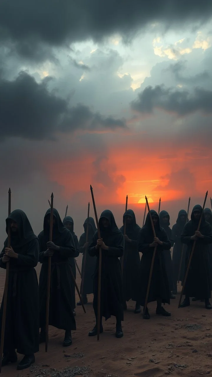 Bosch painting style nightmare , 3D ,a group of prisoners slave in black tied together in line in a dramatic misty scene of the sunset time in a stormy weather in the desert background, high Quality picture , 8k