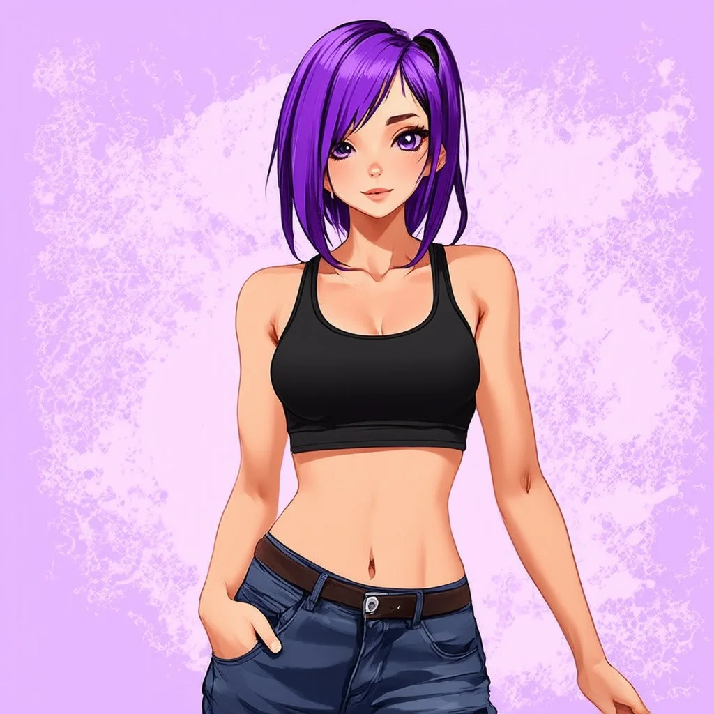 a pretty girl, relaxed, tank top, purple hair, digital art