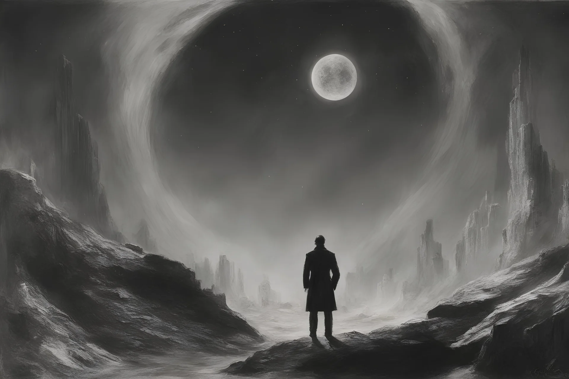 half clothed man, enveloped in an alluring black haze, passionately pursues a distant star. The subtle and atmospheric lighting accentuates the mystery, while the focus on fine art quality aims to evoke a deep emotional response.