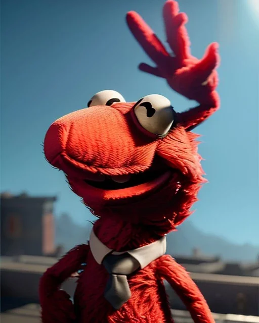 hybrid formed by simple Elmo muppet head and real human body, human arms and hands, Shirt and tie, concept art, smooth, unreal engine 5, god lights, ray tracing, RTX, lumen lighting, ultra detail, volumetric lighting, 3d, finely drawn, high definition, 4k.