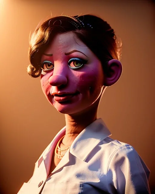 waitress woman muppet head, skin body, skin arms, concept art, retro style, smooth, unreal engine 5, god lights, ray tracing, RTX, lumen lighting, ultra detail, volumetric lighting, 3d.