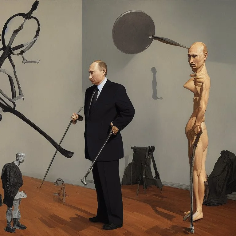 Putin Looking At A Statue Of Xi Jinping,complex surgical instruments,a sickle intermixed with a Axe, prosthetic legs,minimalism,Painting By Adrian Ghenie,Lucian Freud,Rene Magritte,Salvador Dali