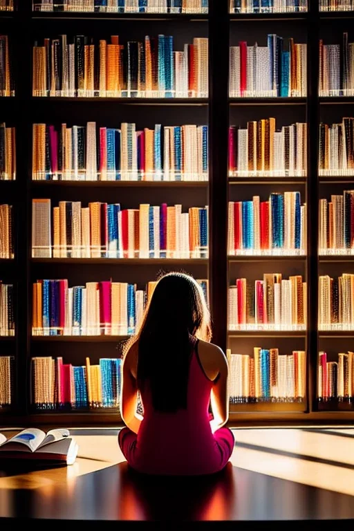 girl sitting in a library, hot girl, hd, bright light, glossom, 8k, poster, mystery, power, money