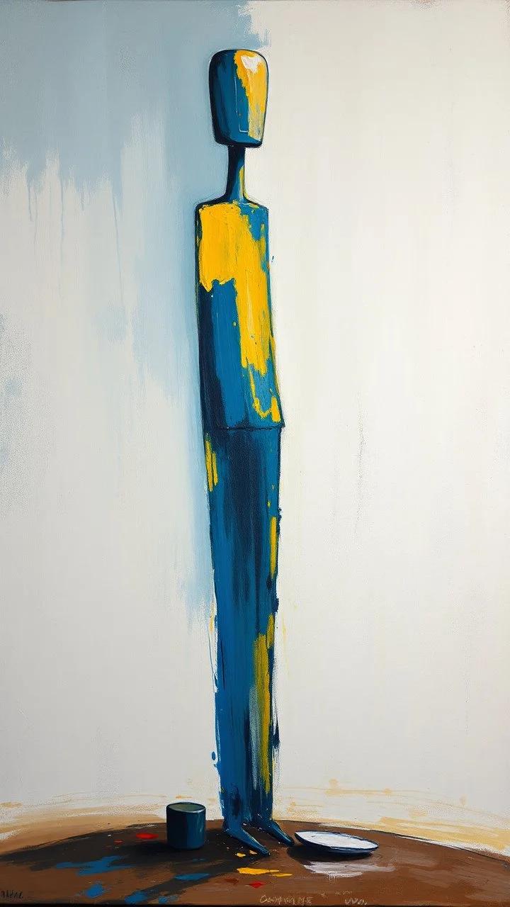 a tough oil brush blue and yellow abstract on rough canvas make a surreal figure of a very tall and thin sculpture, Busch painting style