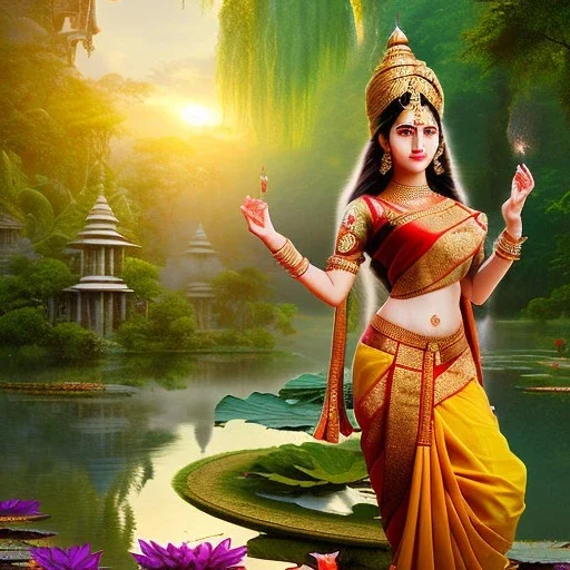 indian godess in a temple at sunrise in the jungle, lake with lotus flowers, perfect composition, hyperrealistic, super detailed, 8k, high quality, intricate details, highly detailed