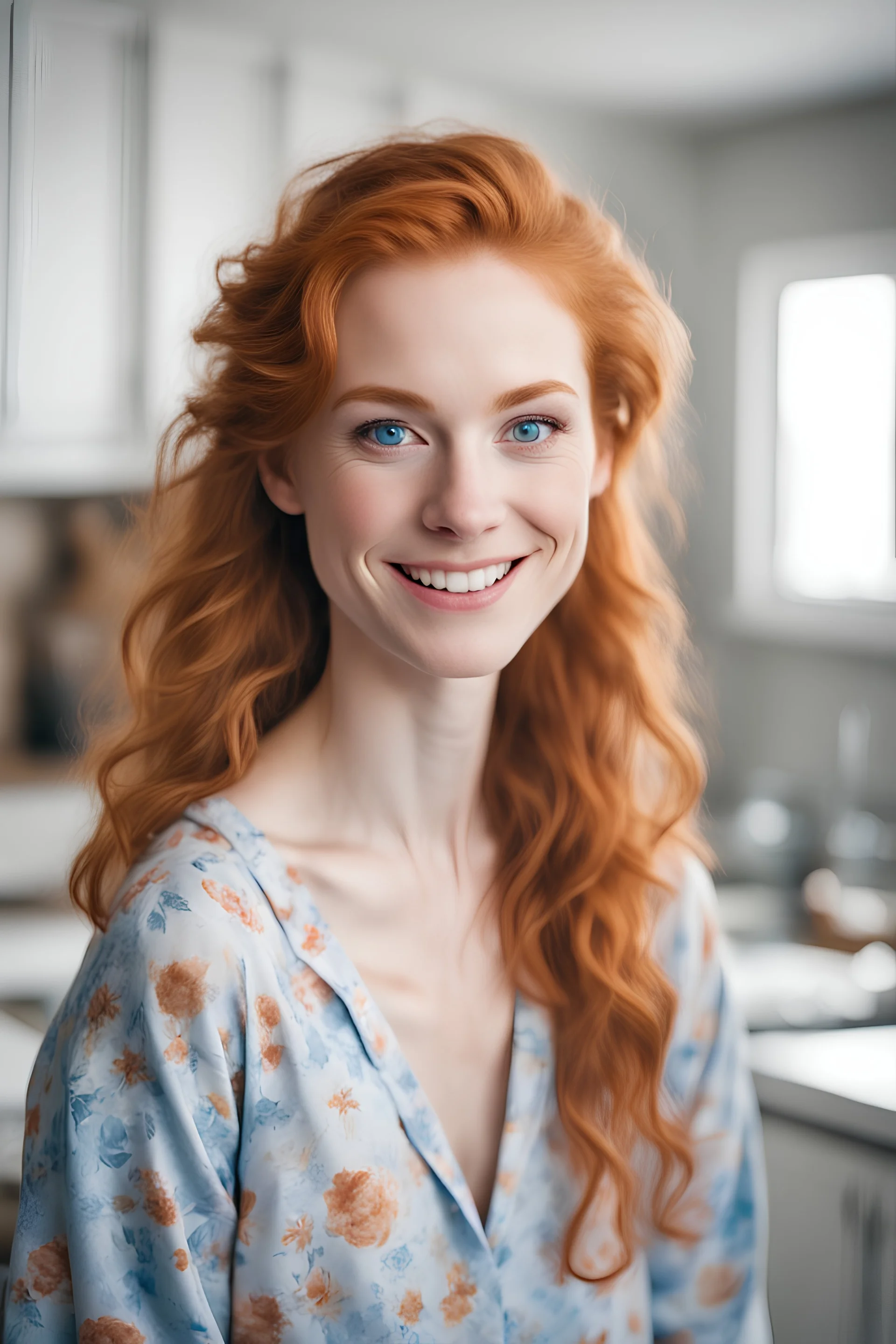 a beautiful portrait of a adult ginger girl with blue icy eyes smiling, walking in the kitchen only wearing her pajamas